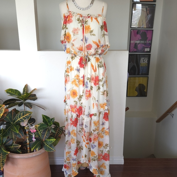 🏷️Georgette Ivory Floral Adjustable Strap Ruffle Maxi Dress Size Flowy 2X - Picture 5 of 12